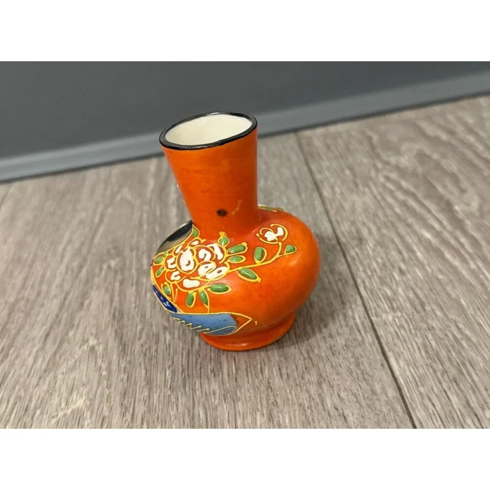 Vintage Japanese Moriage Bud Vase Geisha Girl Hand Painted Orange Miniature